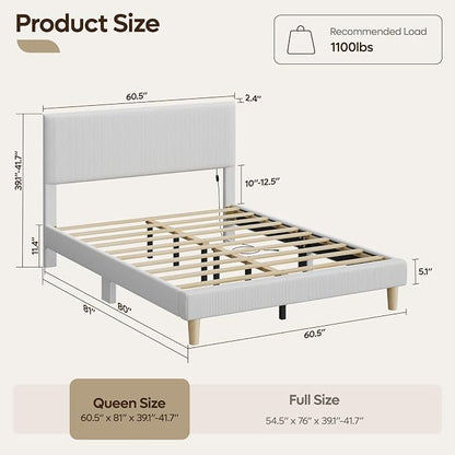Bestier Queen Bed Frame with Headboard LED Lighting,Upholstered,Light Grey | LED Lighting Headboard,Easy Assembly,No Squeaks,Vertical Channel Corduroy Upholstered,Wood Slats Support,No Box Spring Needed