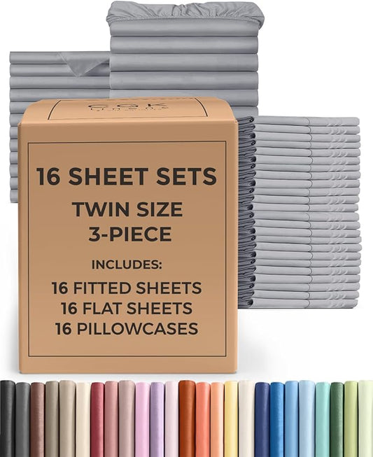 Bulk Case Pack of 16 Sheet Sets - (16) Complete Twin Size Sheet Sets with Deep Pockets - Wholesale Bulk Bedding for Hotels, Spas & Airbnbs - Breathable, Cooling and Wrinkle Free - (Twin, Steel Blue)