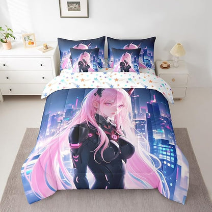 Erosebridal Japanese Anime Bed in A Bag with Sheets King, Anime Girl Comforter Set 7 Piece Kawaii Japanese Style Bedding Set Cartoon Japan Animation Bed Set for Boys Teens Adult Women Bedroom