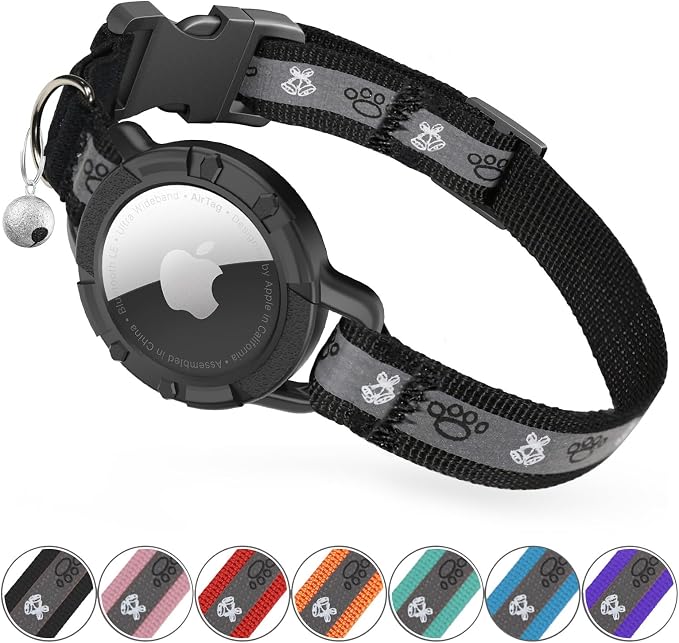 Reflective AirTag Cat Collar, Integrated Cat Collar with Air Tag Holder | Built in AirTag Holder, Adjustable 7-13in for Cats, Kittens and Puppies, Safety Elastic Band, Reflective for Night Walking