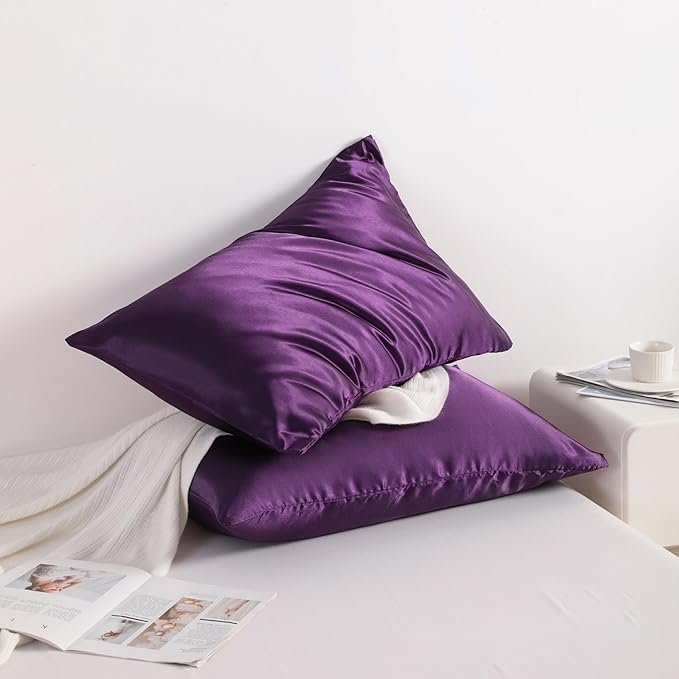 NTBAY 2 Pack Satin Queen Pillowcases for Hair and Skin, Luxurious and Silky Pillow Cases with Envelope Closure, 20x30 Inches, Eggplant Purple