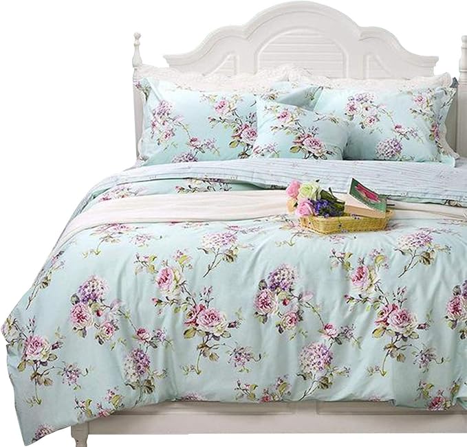 FADFAY Girls Bedding Floral Duvet Cover Set Twin Size Hydrangea Flower 100% Cotton Soft Quilt Cover Set Reversible Zipper Green Blue Bed Cover 3 Piece- No Filling