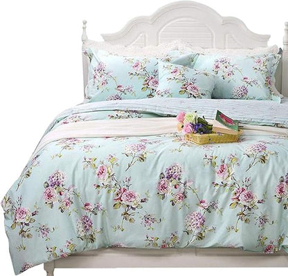 FADFAY Girls Bedding Floral Duvet Cover Set Twin Size Hydrangea Flower 100% Cotton Soft Quilt Cover Set Reversible Zipper Green Blue Bed Cover 3 Piece- No Filling