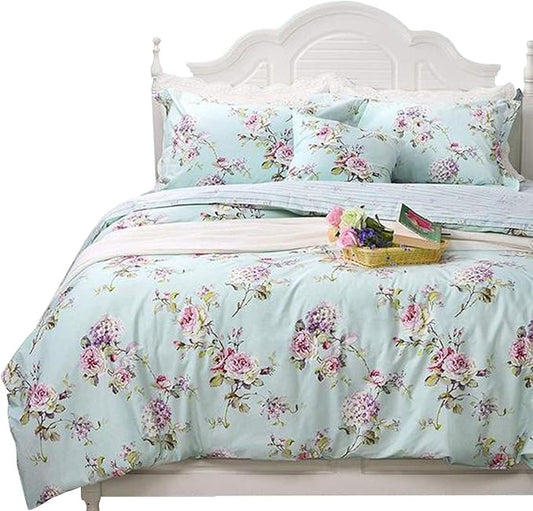 FADFAY Girls Bedding Floral Duvet Cover Set Twin Size Hydrangea Flower 100% Cotton Soft Quilt Cover Set Reversible Zipper Green Blue Bed Cover 3 Piece- No Filling