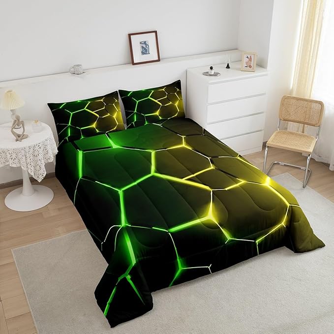 Feelyou Honeycomb Comforter Green Yellow Hexagonal Print Bedding Set for Kids Boys Girls Children Beehive Geometrical Comforter Set Ultra Soft Decor Reticulated Duvet Set Full Size