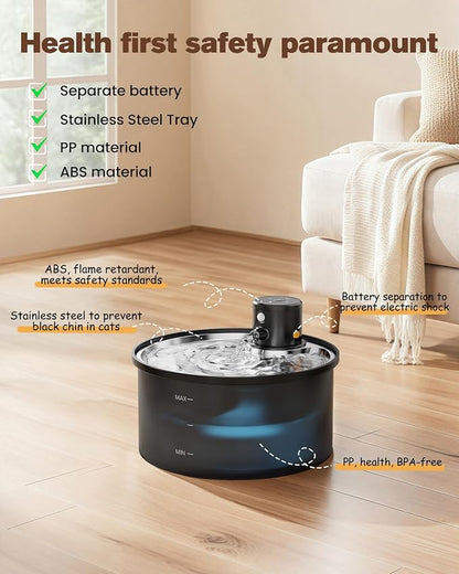 Wireless Cat Water Fountain Cordless | 108oz/3.2L Battery Operated Pet Fountain with Stainless Steel Water Tray + Plastic barrel (with 8 Filters & 8 Sponges)