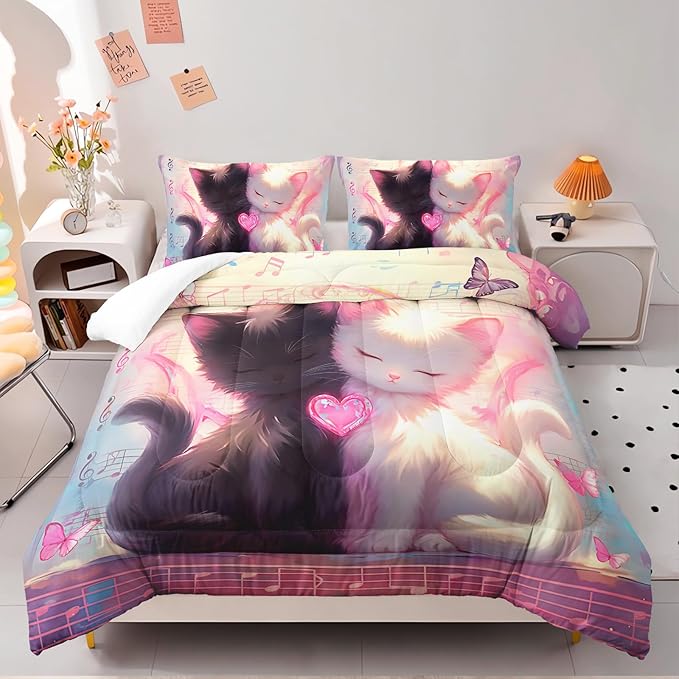 Cute Cat Comforter Set Full Pink Black Cat Bedding Sets 3PCS for Kids Teen Adult Kawaii Room Decor Ultra-Soft Lightweight Microfiber 1 Comforter with 2 Pillowcases