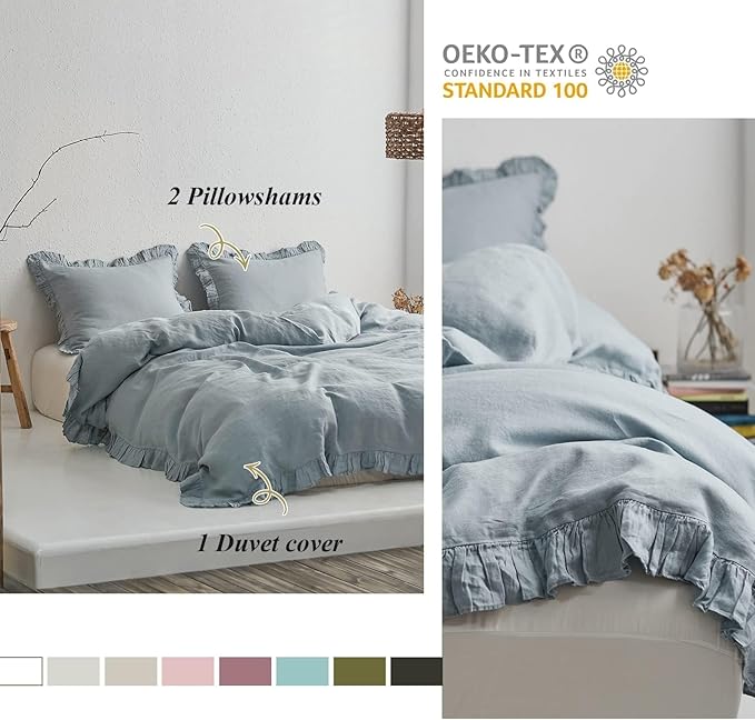 Simple&Opulence 100% Linen Duvet Cover Set, 3 PCS Natural French Flax Dusty Blue Ruffle Duvet Cover King Size, Breathable Comfy Linen Bedding Comforter Cover with 2 Pillowcases(Dusty Blue, 104" X 92")
