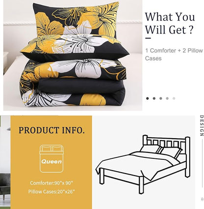 Menghomeus Queen Comforter Set Black/Gold Floral Bedding Comforter Sets Soft Microfiber Bed Comforter Set for All Season, 3 Piece Botanical Flowers Comforter, Pillowcases