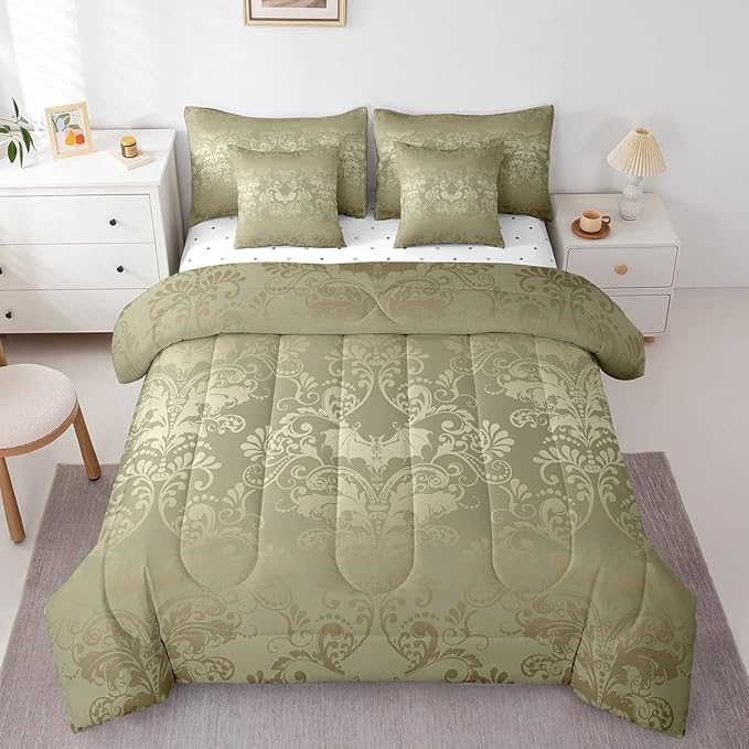 Erosebridal Gothic Damask Bed in a Bag King Size Comforter Set 7 Pieces,Halloween Bat Bedding Sets Olive Grey Victorian Floral Goth Sheet Set with Comforter