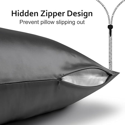Ravmix Silk Pillow Cases 2 Pack with Zipper, Both Sides 21Momme Mulberry Silk Pillowcase Set of 2 Standard Size 20×26inches for Sleeping Women Men, for Beauty Sleep Hair Skin, Space Grey