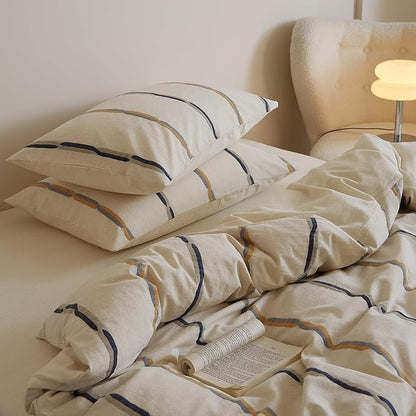mixinni Cotton Linen Jacquard Duvet Cover Set King, 3-Piece Mid-Century Modern Bedding, Vintage Striped Bohemian Duvet Cover with 2 Pillowcases, All-Season Breathable Comforter Cover-King Size