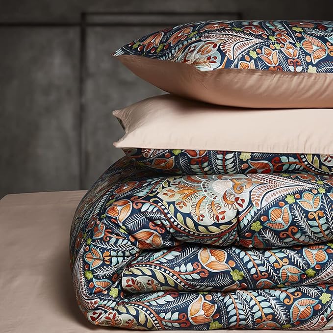 Cupocupa King Duvet Cover Set - 3pc Dark Navy Paisley Boho Bedding - Luxury Art Deco Floral Botanical Print, Soft Microfiber Reversible Quilt Cover with Pillowcases (King, 104"x90")