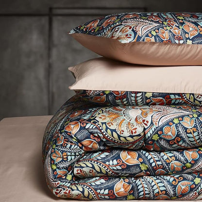 Cupocupa King Duvet Cover Set - 3pc Dark Navy Paisley Boho Bedding - Luxury Art Deco Floral Botanical Print, Soft Microfiber Reversible Quilt Cover with Pillowcases (King, 104"x90")