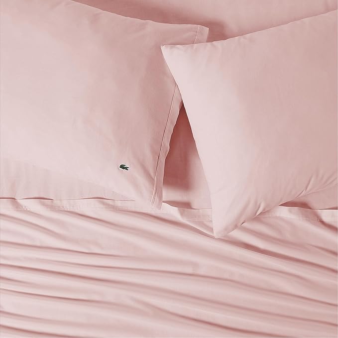 Lacoste 100% Cotton Percale 4-Piece Sheet Set – Cool, Crisp, Matte, and Durable, Oeko-Tex Certified – Solid, Iced Pink, Standard King