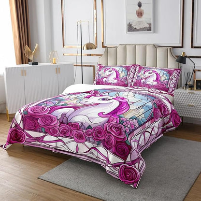 Cartoon Unicorn Kids Bedspread Twin Size,Rose Flowers Tale Castle Princess Coverlet Set,Boys Girls Room Decor,Geometric Stripe Animal Quilted Coverlet,Pink Romantic Bedding Quilt,1 Pillowcase