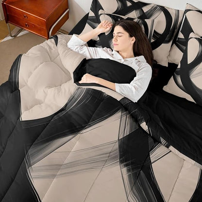 Erosebridal Abstract Modern Black Beige 7 Piece Comforter Set Twin Bed in A Bag Neutral Minimalist Lines Bedding Set for Boys Men Geometric Sheet Set Contemporary Art Simple Quilt Room Decor