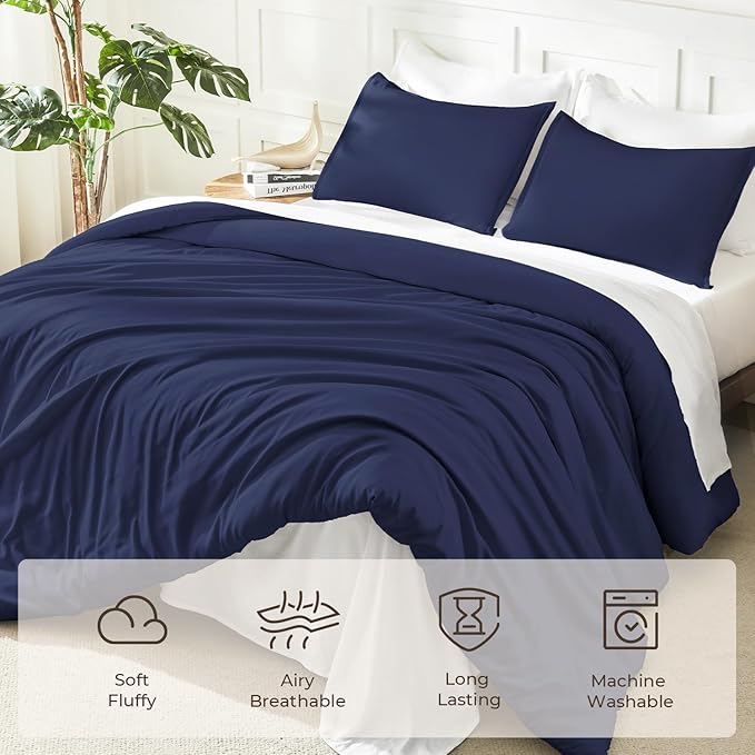 Litanika Comforters Navy Blue Oversized King Size, 3 Pieces Lightweight Solid Bedding Set & Collections, All Season Fluffy Bed Set (120x98In Comforter & 2 Pillowcases)