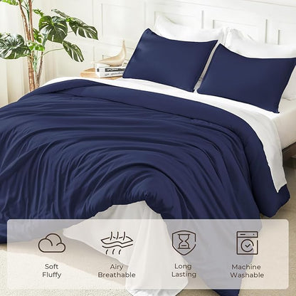 Litanika Navy Blue Comforter Set California King Size, 3 Pieces Cal King Lightweight Solid Bedding Comforter Set, All Season Fluffy Down Alternative Bed Set (104x96In Comforter & 2 Pillowcases)