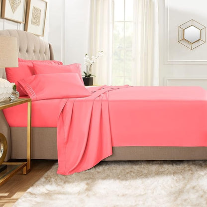 Clara Clark Cal King Sheets, 6 Piece Set - Hotel Luxury Sheets for Cal King Size Bed, Super Soft Bedding Set, Cal King Size, Coral Pink