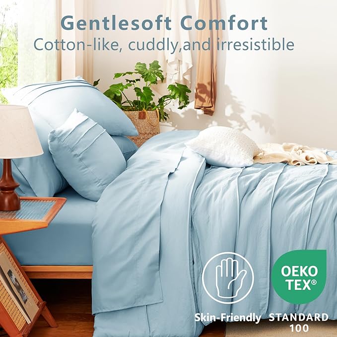 CozyLux Queen Comforter Set Light Blue, 7 Pieces Soft Pinch Pleat Bed in a Bag Queen Comforter Set with Sheets, Boho Bed Set with Down Alternative Comforter, Sheets, Pillowcases & Shams