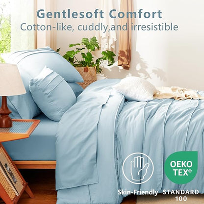 CozyLux King Size Comforter Set Light Blue, 7 Pieces Soft Pinch Pleat Bed in a Bag King Comforter Set with Sheets, Boho Bed Set with Down Alternative Comforter, Sheets, Pillowcases & Shams