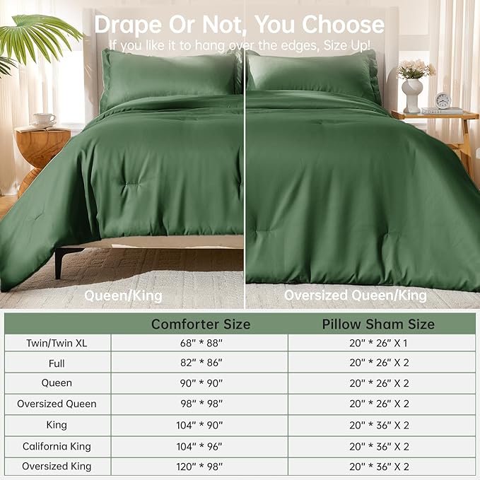 MUXHOMO King Size Comforter Set, All Season Ultra Soft Down Alternative Bedding - 3 Piece Lightweight Bed Set Includes 1 Comforter (104"x90") and 2 Pillow Shams (20"x36"), Dark Green