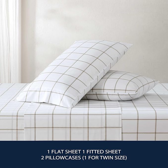 Nautica - Twin Bed Sheets, Lightweight Cotton Percale Bedding Set with Matching Pillowcase, Crisp & Cool, Dorm Essentials, Oeko-Tex Certified (Plot Beige)