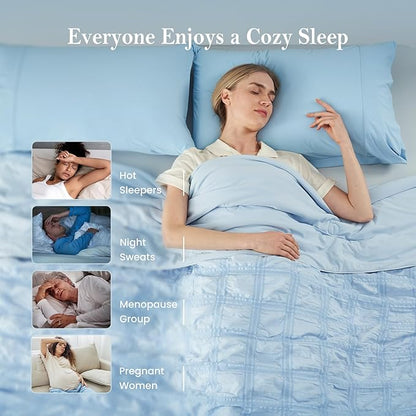 Cozy Bliss Cooling Comforter Seersucker Plaid Queen Size, Q-Max 0.45 Lightweight Cooling Blanket, Breathable Silk Smooth Summer Bedding Quilt for Hot Sleepers Night Sweats Blue