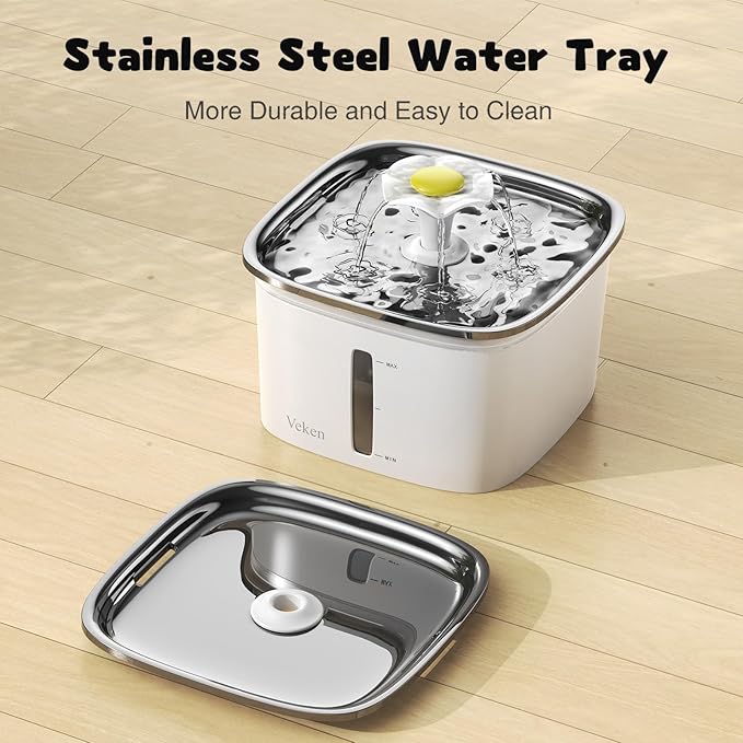 Veken Innovation Award Winner 95oz/2.8L Cat Water Fountain | Automatic Pet Fountain Dog Water Dispenser with Stainless Steel Lid, Replacement Filters & Silicone Mat Included (Silver)