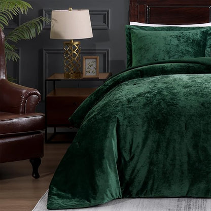 TAMGHO Crushed Velvet Comforter King Set, Dark Green Luxury Soft Velvet Bedding Set for All Seasons, 3 Pcs Bed Set, 1 Comforter (108"x96") and 2 Pillow Shams (20"x36")