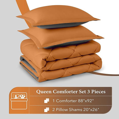 downluxe Queen Comforter Set - Burnt Orange and Grey Queen Comforter, Soft Bedding Sets for All Seasons -3 Pieces - 1 Comforter (88"x92") and 2 Pillow Shams(20"x26")