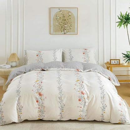 OAITE Duvet Cover Set Twin Size Floral Pattern Ultra Soft 100% Cotton Duvet Cover Sets 3-PC, Breathable Duvet Cover with Zipper Closure & Corner Ties(2 Pillow Shams,1 Duvet Cover)