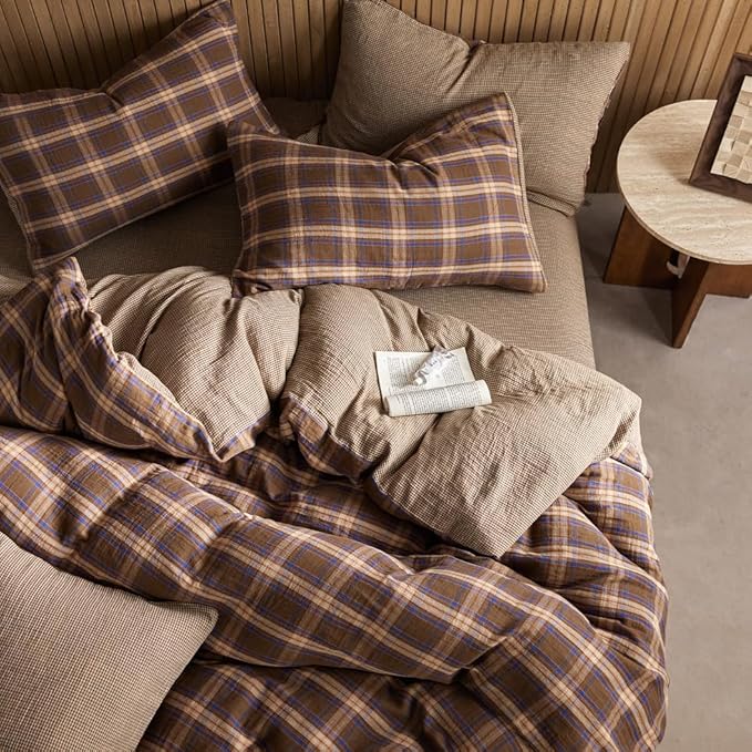 EAVD Vintage Gingham Comforter Set King Brown Blue Red Grid Checked Bedding Set Soft 100% Muslin Cotton Retro Brown Plaid Comforter Set with 2 Pillowcases Farmhouse Plaid Bedding Set for All-Season