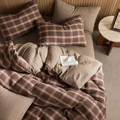 EAVD Vintage Gingham Comforter Set Queen Brown Blue Red Grid Checked Bedding Set Soft 100% Muslin Cotton Retro Brown Plaid Comforter Set with 2 Pillowcases Farmhouse Plaid Bedding Set for All-Season