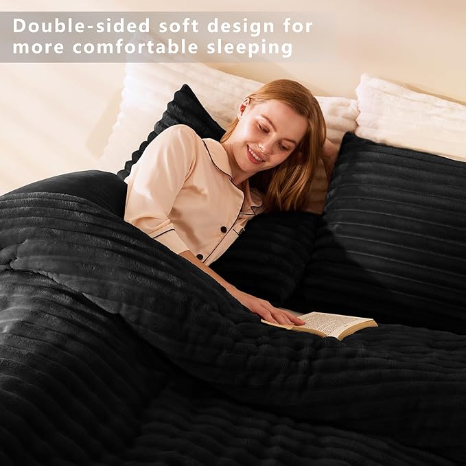 CozyLux Fluffy King Size Comforter Set - Super Soft Faux Fur Black Comforter King Size, Winter Warm Fleece Bedding Set, 3 Pieces Plush Fuzzy Bed Set (1 Shaggy Comforter, 2 Pillowcases)
