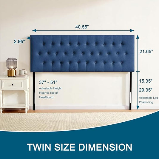 Tufted Upholstered Headboard Twin Size, Adjustable Height 37- 51 in, Blue | Sturdy and Durable Solid Wood Twin XL Headboard, Fabric Twin Headboard Only, Modern Button Diamond Design Head Board