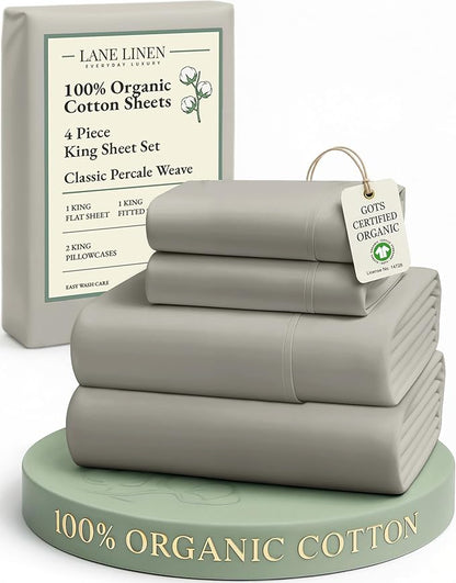 LANE LINEN 100% Organic Cotton King Sheet Set, 4Pc Cotton Sheets King Size, Soft & Comfy Percale Eco Friendly Sustainably Produced Bedding Sheets & Pillowcases, 15" Deep Pocket King Sheet Set - Silver