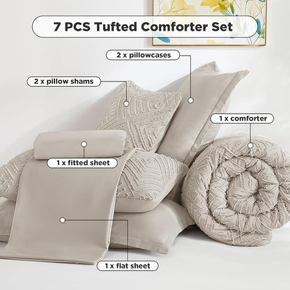 Andency Oversized King Size Comforter Set 7 Pieces Linen - Bed in a Bag Oversized King Boho Lightweight Fluffy Tufted Bedding Sets with Comforter, Sheets, Pillowcases & Shams