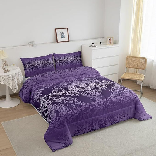 Feelyou Adults Purple Vintage Damask Floral Comforter Set Oriental Antique Comforter Full Size Gothic Bohemia Boho Bedding Set Exotic Sugar Skull Duvet Set Quilt Set 3Pcs