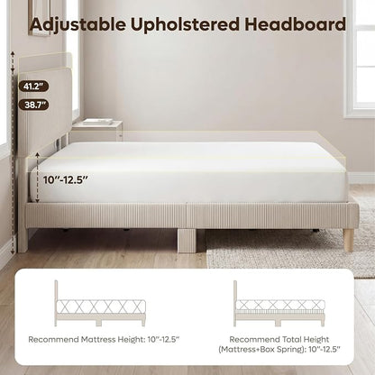 Bestier King Size Bed Frame with Headboard LED Lighting,Upholstered,Beige | Easy Assembly,LED Lighting Headboard,No Squeaks,Vertical Channel Corduroy Upholstered,Wood Slats Support,No Box Spring Needed
