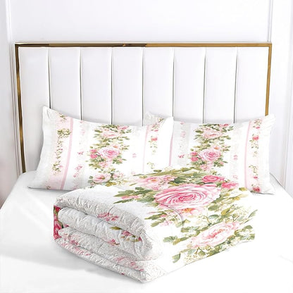 7Pcs Twin Size Bed in A Bag for Girls Women, Pink Rose Stripe Comforter Sets for Girls Room Decor (1 Comforter 68"x 90", 2 Pillowcases, 1 Fitted Sheet, 1 Flat Sheet, 2 Pillow Shams)