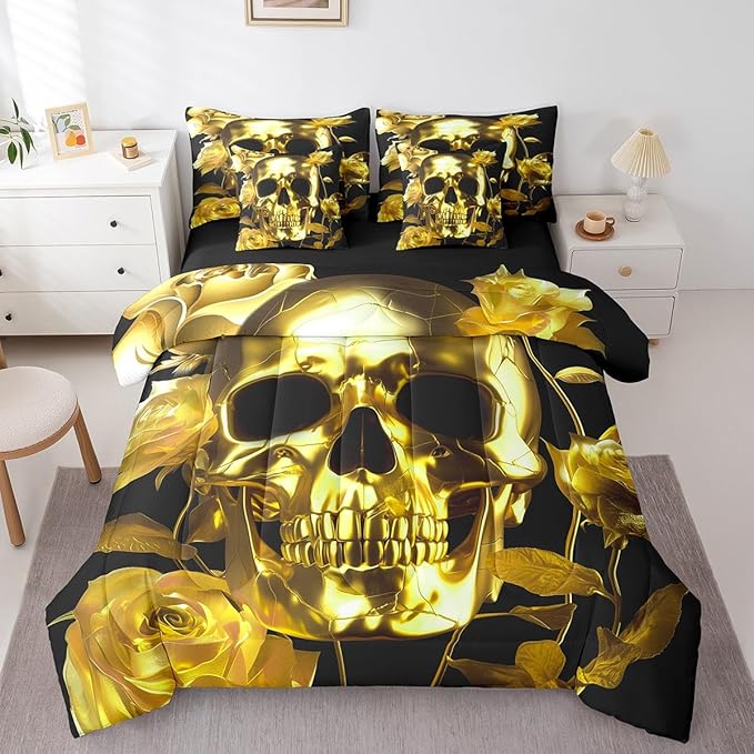 Erosebridal Gold Sugar Skull Bed in a Bag Queen Comforter Set 7 Piece,Gothic Skeleton Bedding Sets Rose Flowers Sheet Set with Comforter