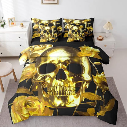 Erosebridal Gold Sugar Skull Bed in a Bag Queen Comforter Set 7 Piece,Gothic Skeleton Bedding Sets Rose Flowers Sheet Set with Comforter