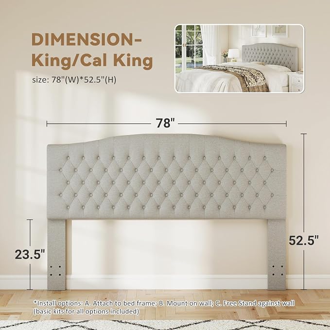 King Headboard Only, Linen Classic Tufted Design, Gray Linen | 2 installation options: 1.bed frame mount 2.wall mount (for adjustable bed), Classic hand-tufted headboard king size