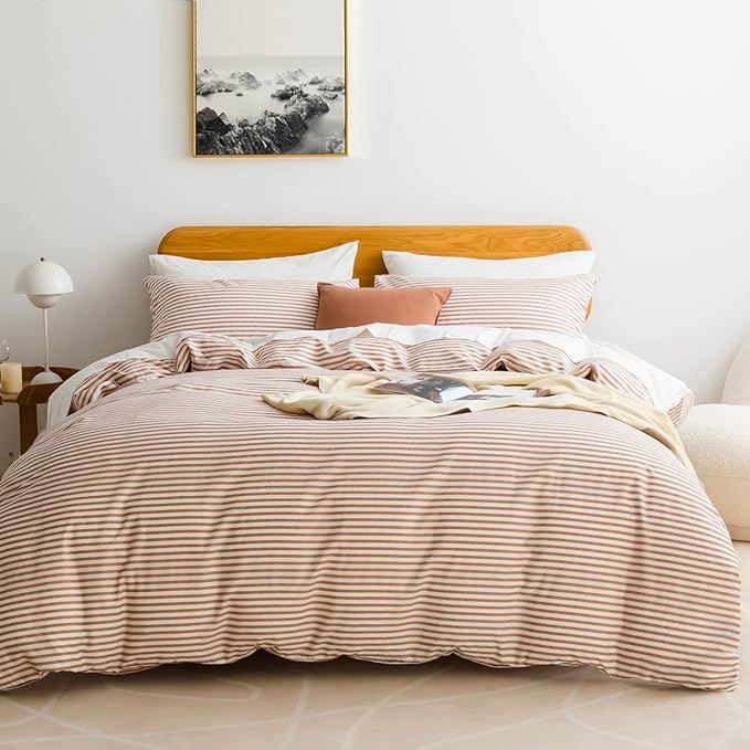 JELLYMONI 100% Natural Cotton 2pcs Striped Duvet Cover Sets,White Duvet Cover with Pink Stripes Pattern Printed Comforter Cover,with Zipper Closure & Corner Ties(Twin Size)