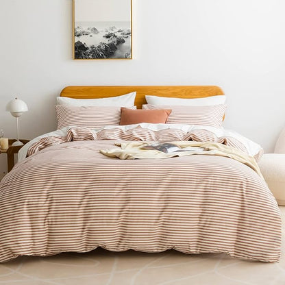 JELLYMONI 100% Natural Cotton 2pcs Striped Duvet Cover Sets,White Duvet Cover with Pink Stripes Pattern Printed Comforter Cover,with Zipper Closure & Corner Ties(Twin Size)