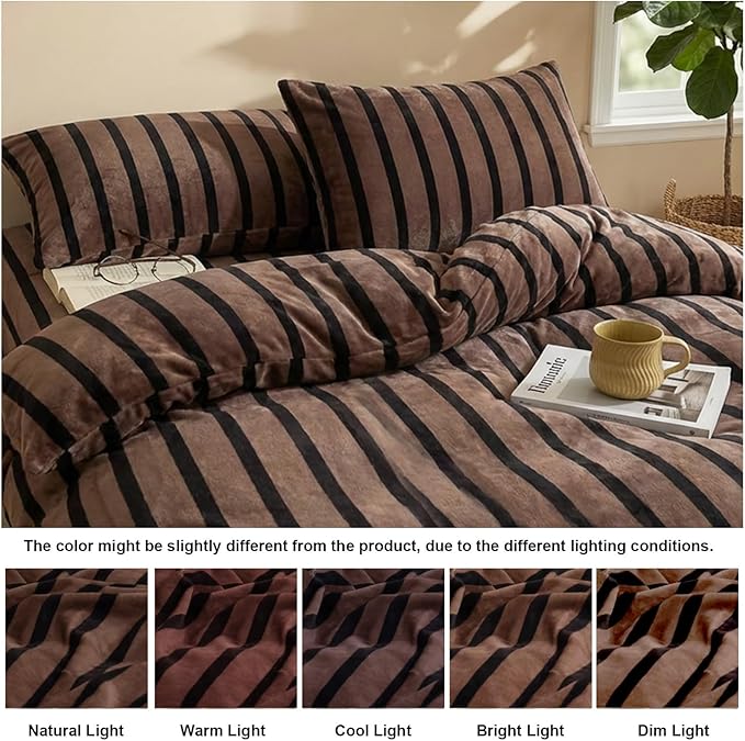 Bedbay Fleece Queen Comforter Set Brown Striped Bedding Set 3 Pcs Luxury Shaggy Velvet Comforter Set Soft Warm Fluffy Flannel Bedding Brown and Black Stripes Queen Bed Set for All Seasons