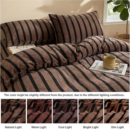 Bedbay Fleece Queen Comforter Set Brown Striped Bedding Set 3 Pcs Luxury Shaggy Velvet Comforter Set Soft Warm Fluffy Flannel Bedding Brown and Black Stripes Queen Bed Set for All Seasons