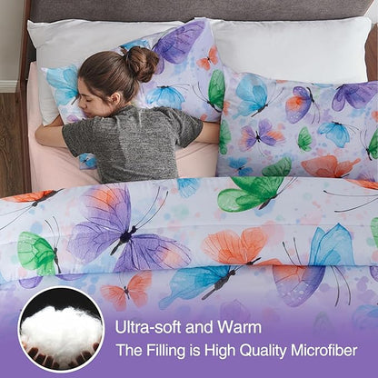 A Nice Night 6pcs Bed in A Bag Watercolor Ink Wash Tie-Dye Butterfly Flying Printed, Butterflies Bedding Comforter Set, Purple Green Twin